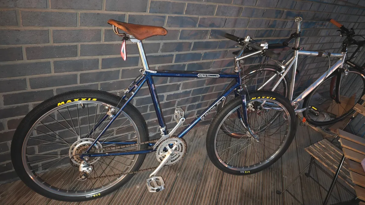 A blue mountain bike leaning against a brick wall