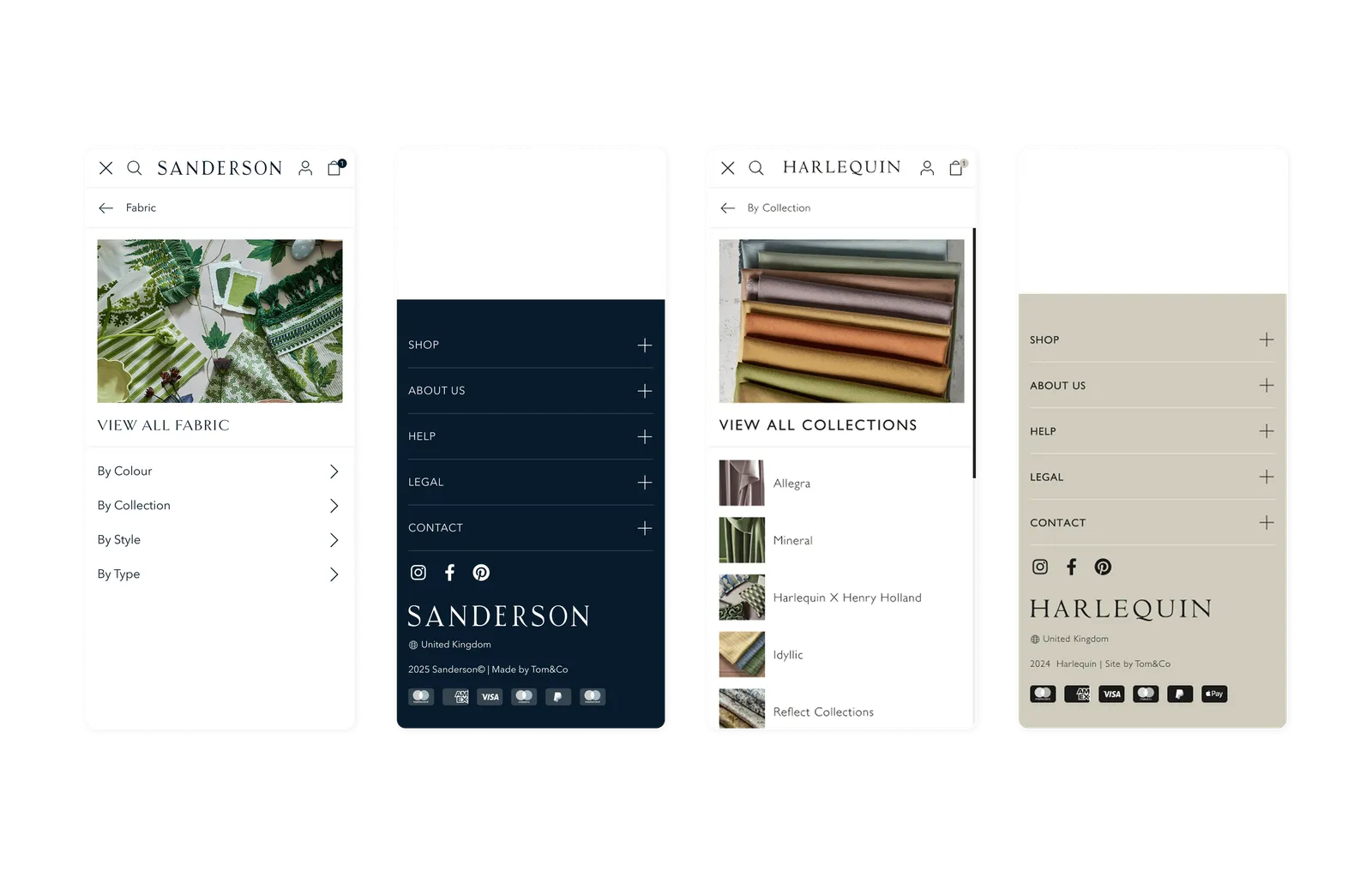Sanderson and Harlequin mobile menus. The same routes in the mobile menus, Sanderson and Harlequin