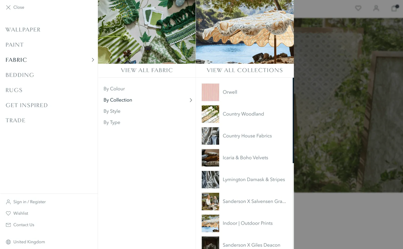 Mega nav open with shop-by routes. Shop by colour, collection, style and type