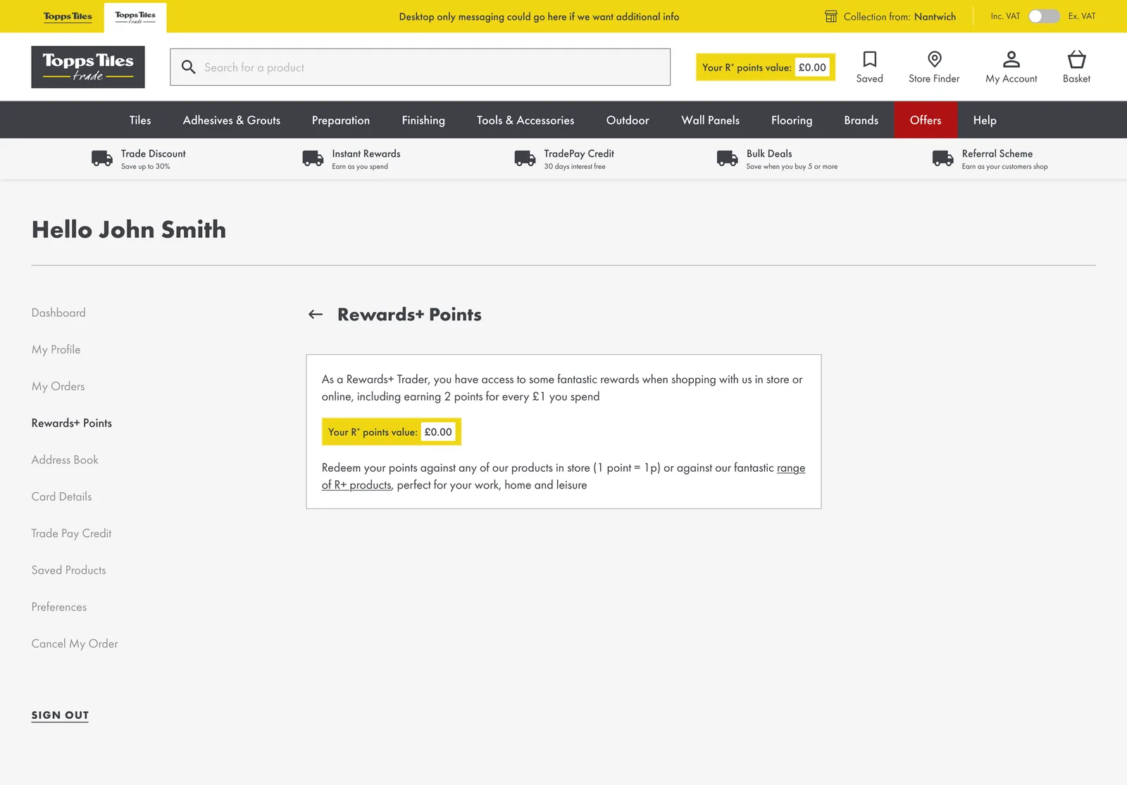 Rewards+ points in the header and account. Points value in the header and on the Rewards+ account page