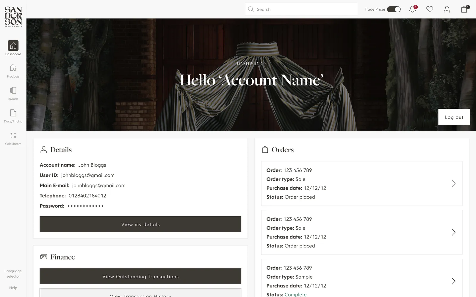 Trade Hub account home. Account home: details, orders and finance in one place