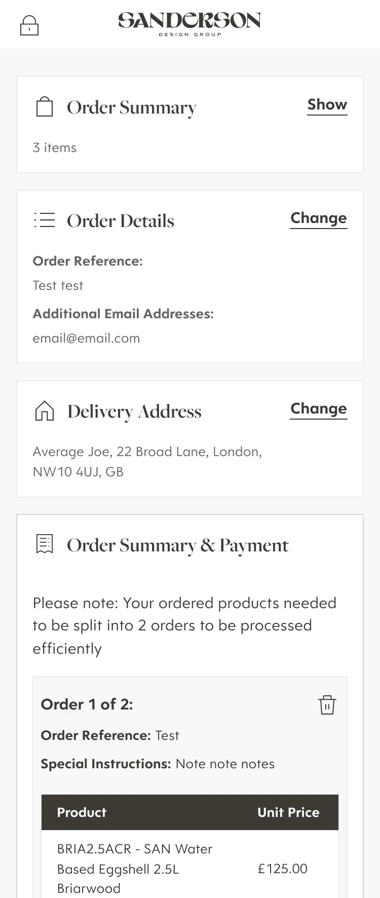 Mobile order summary. Order summary and payment, split into two orders
