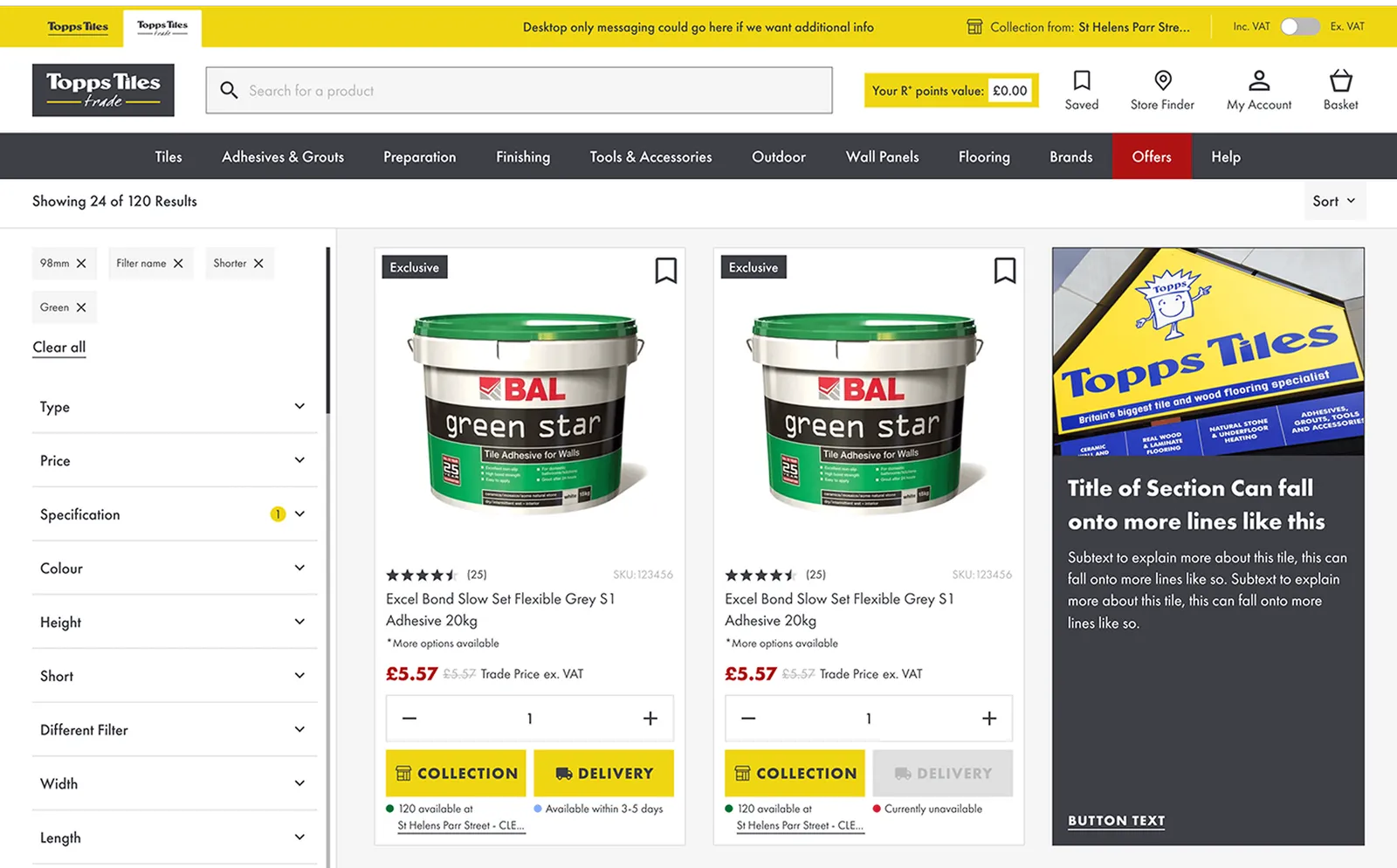 Header store selector beside a listing page showing stock